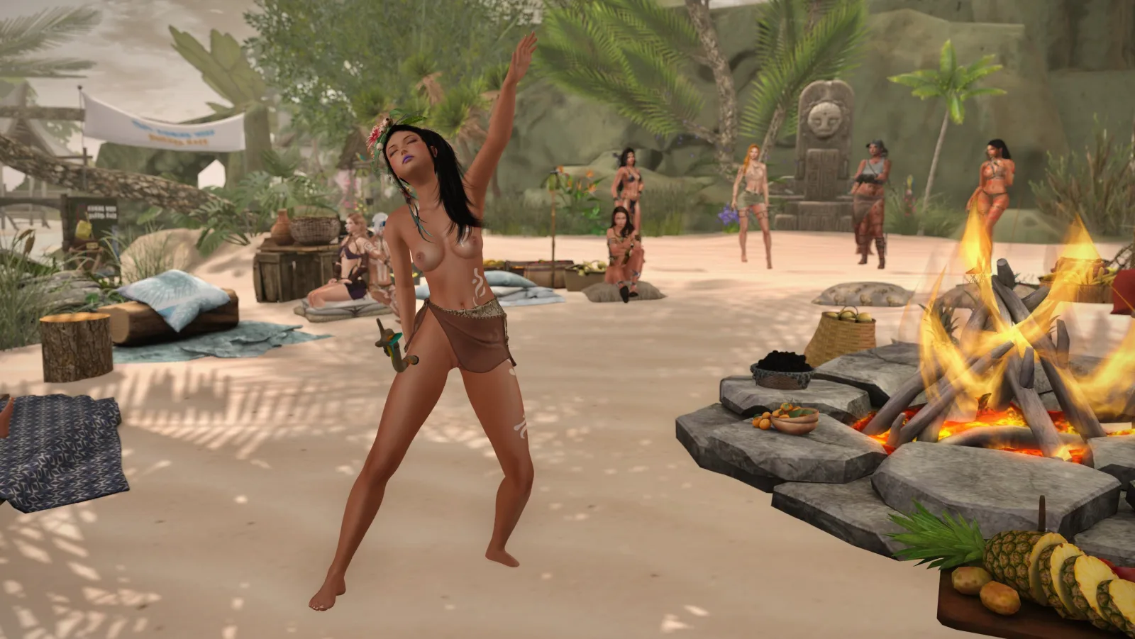 A beautiful topless woman dances joyfully on a sandy beach near a campfire, surrounded by bare villagers and tropical scenery.