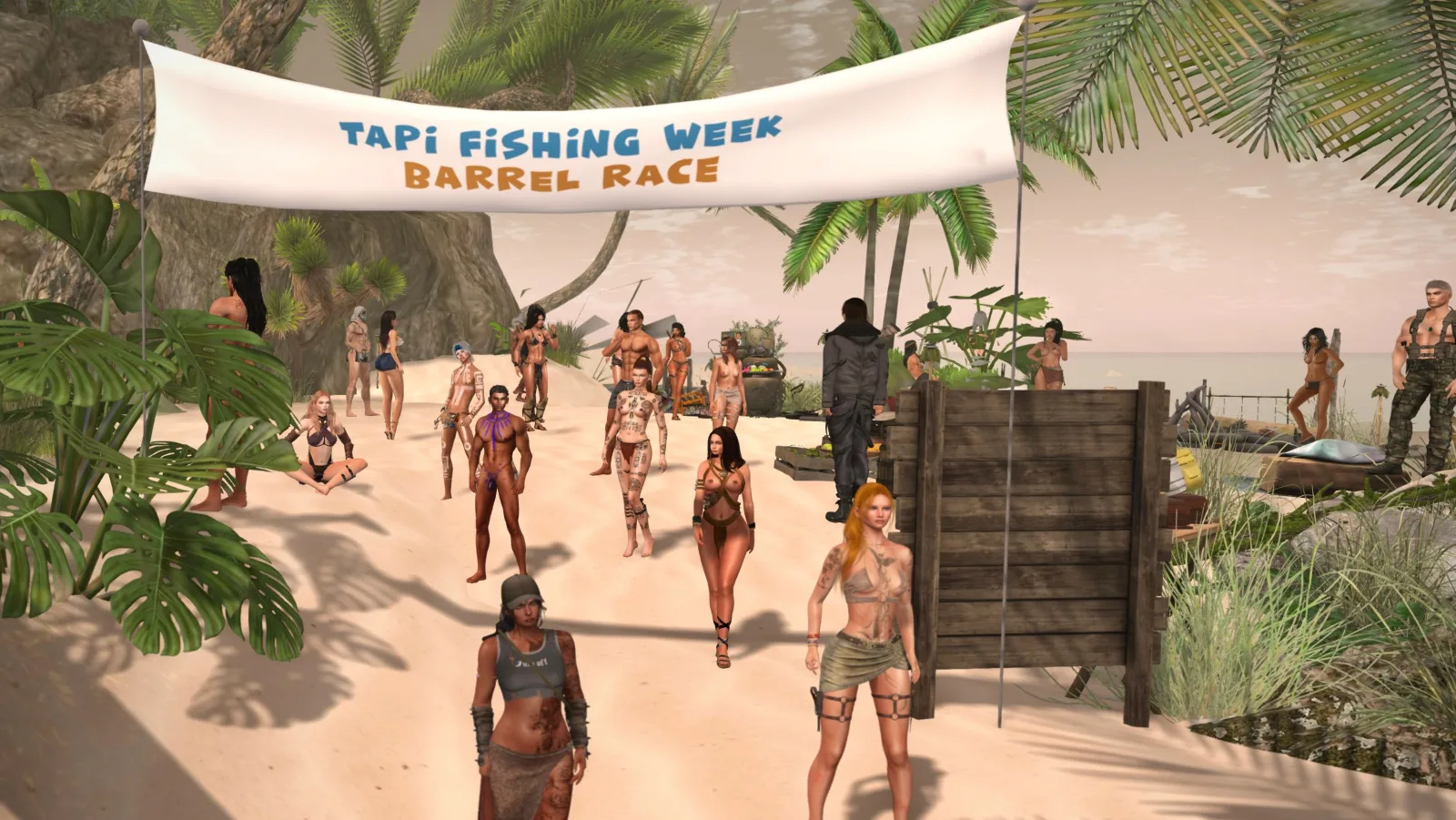Men and women, many bare, gather under a 'Tapi Fishing Week Barrel Race' banner on a sunny beach with palm trees and tropical scenery