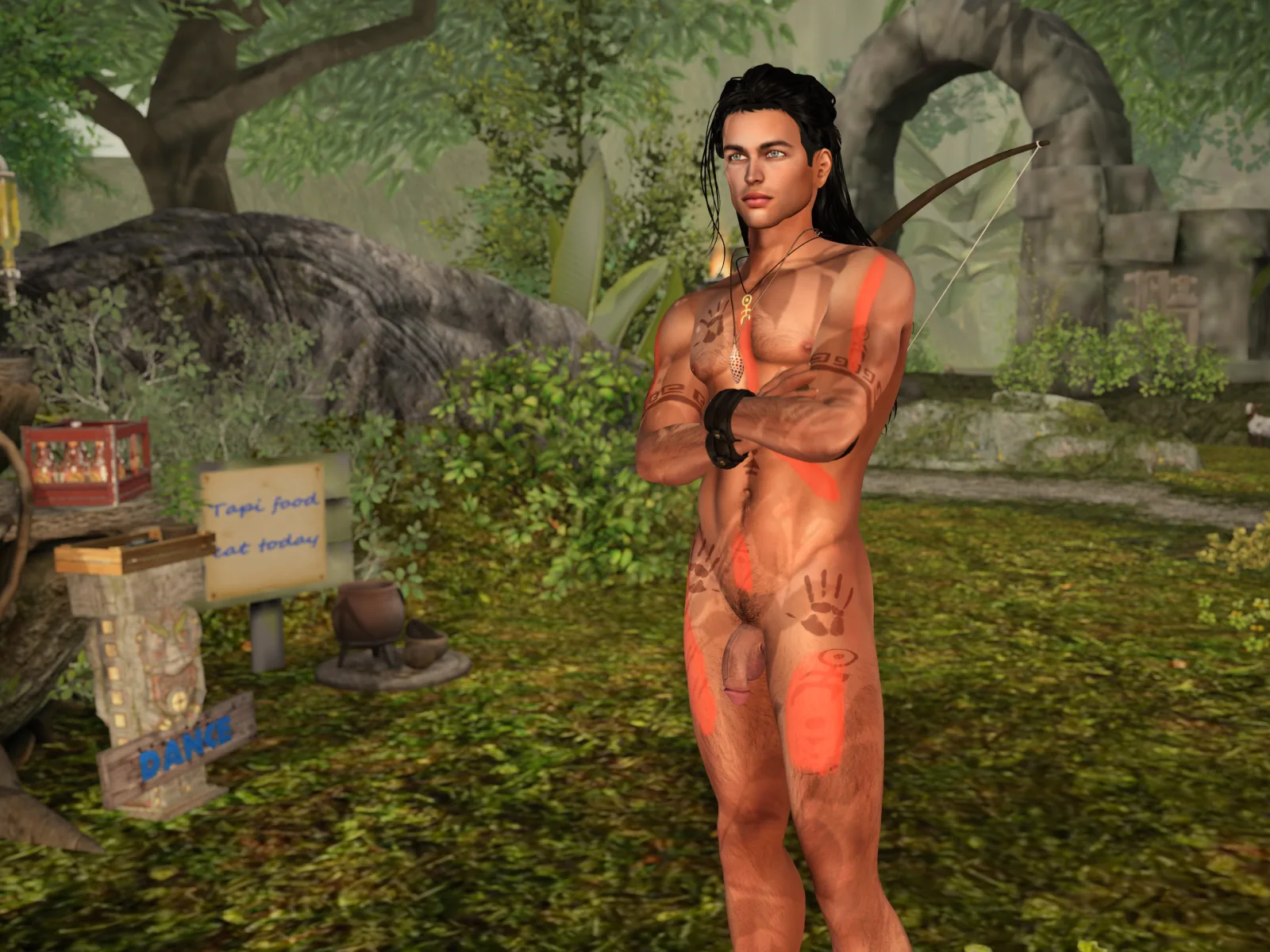 A handsome bare man stands confidently in a jungle clearing, adorned with body paint and tribal accessories, with lush foliage around him