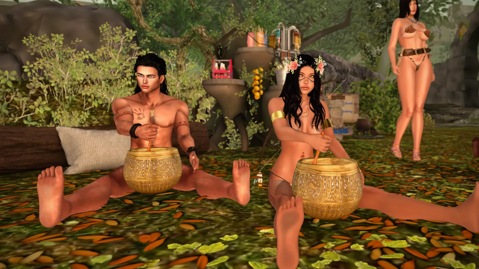 A bare man and beautiful woman in a flower crown sit cross-legged, playing golden drums in a lush jungle setting