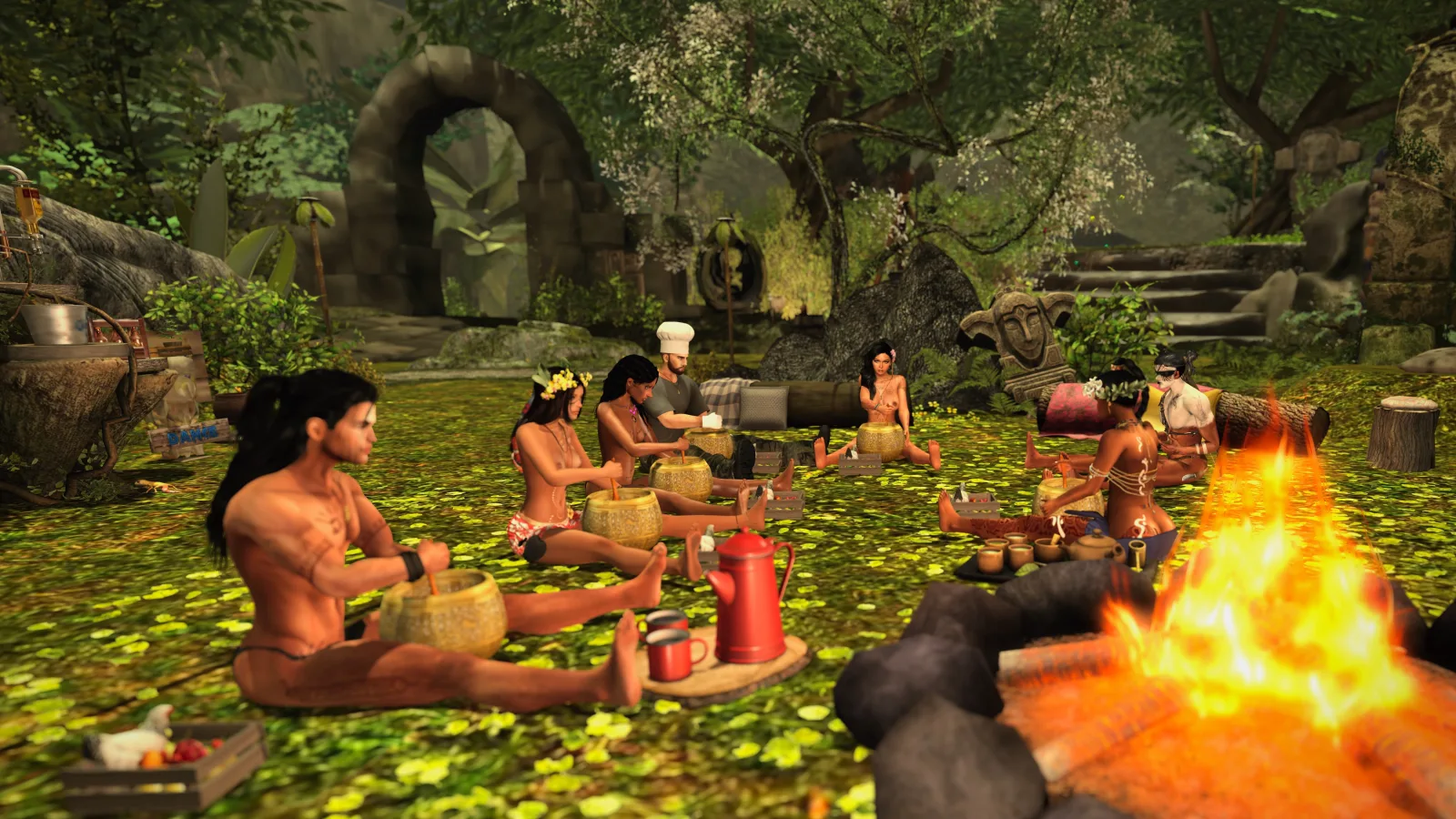 A group of people sit around a fire, preparing food in a vibrant jungle setting