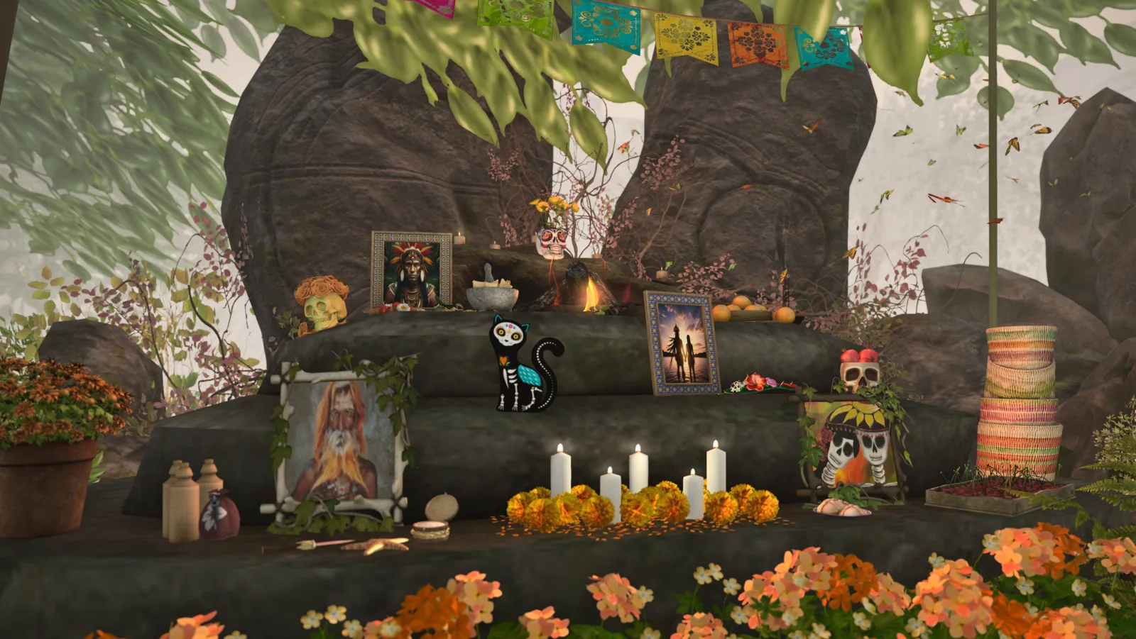 A colorful altar features candles, sugar skulls, and framed portraits, set against lush greenery. Bright flowers and festive banners enhance the serene atmosphere