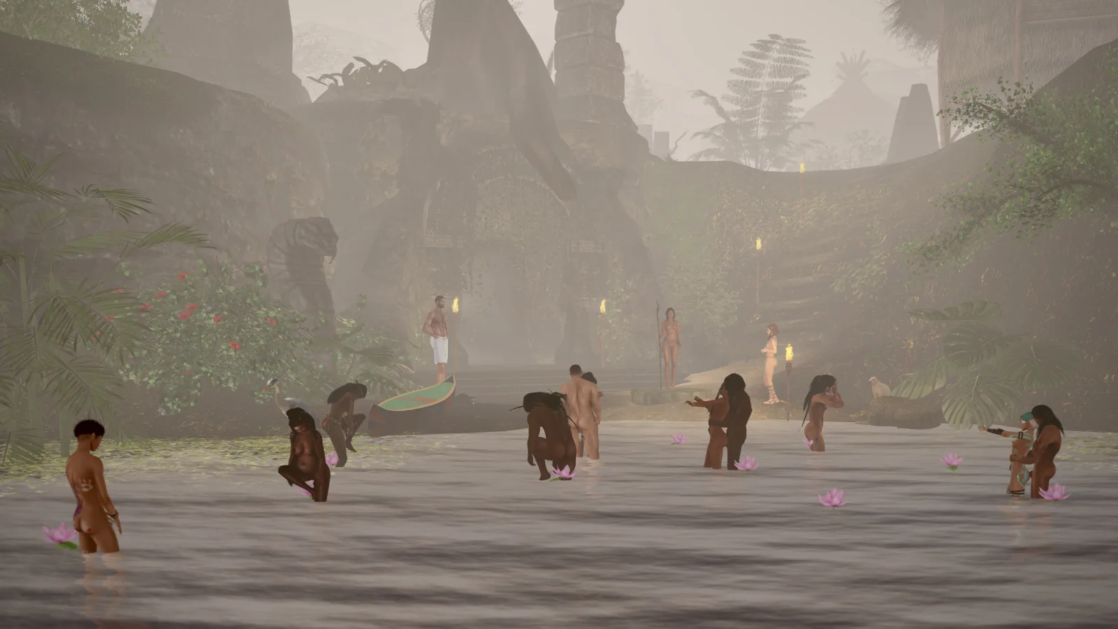 Peaceful river scene with people, pink lotus blooms, surrounded by misty jungle and ancient stones