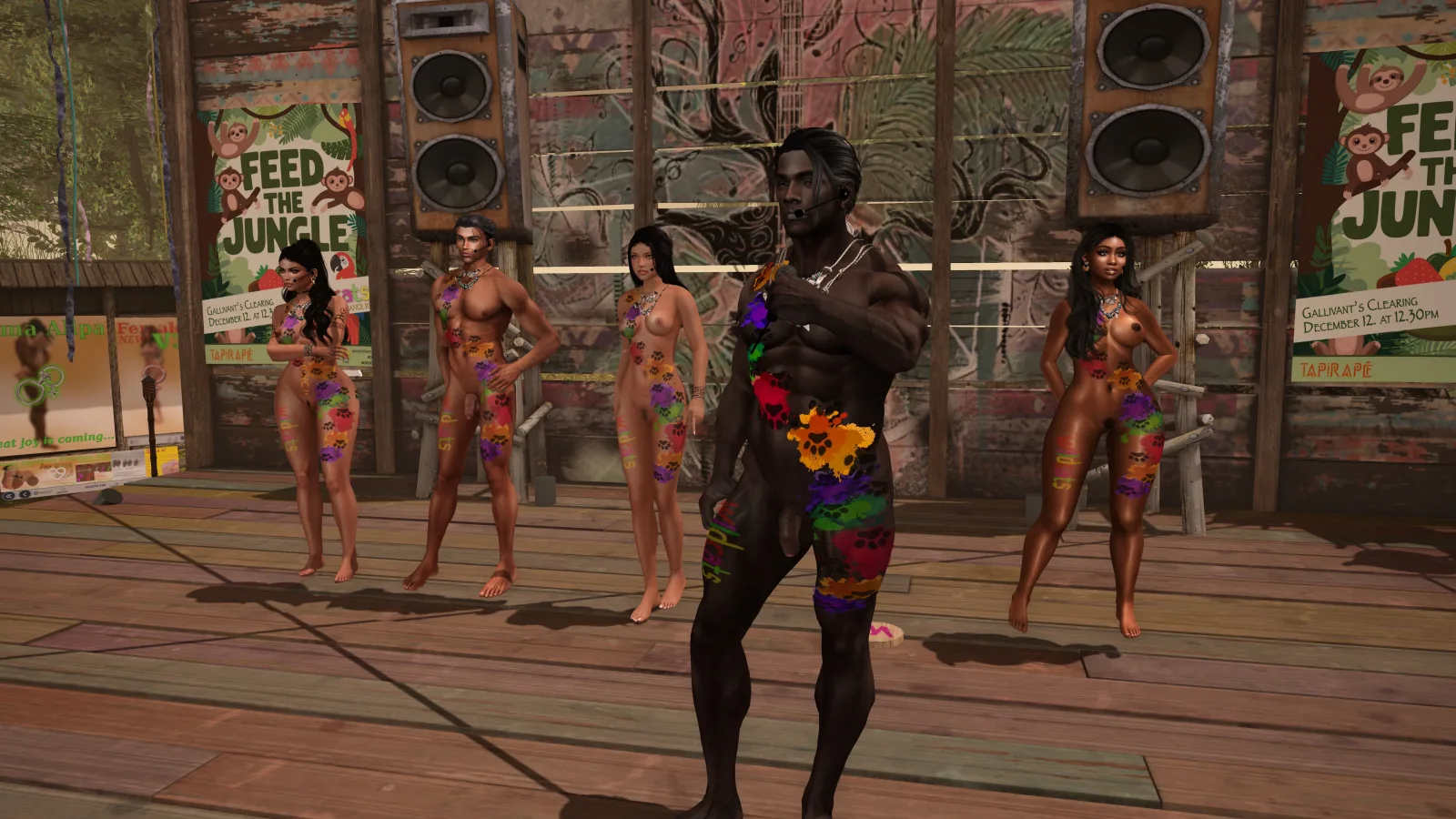 Group in colorful body paint stand on stage, promoting 'Feed the Jungle' event