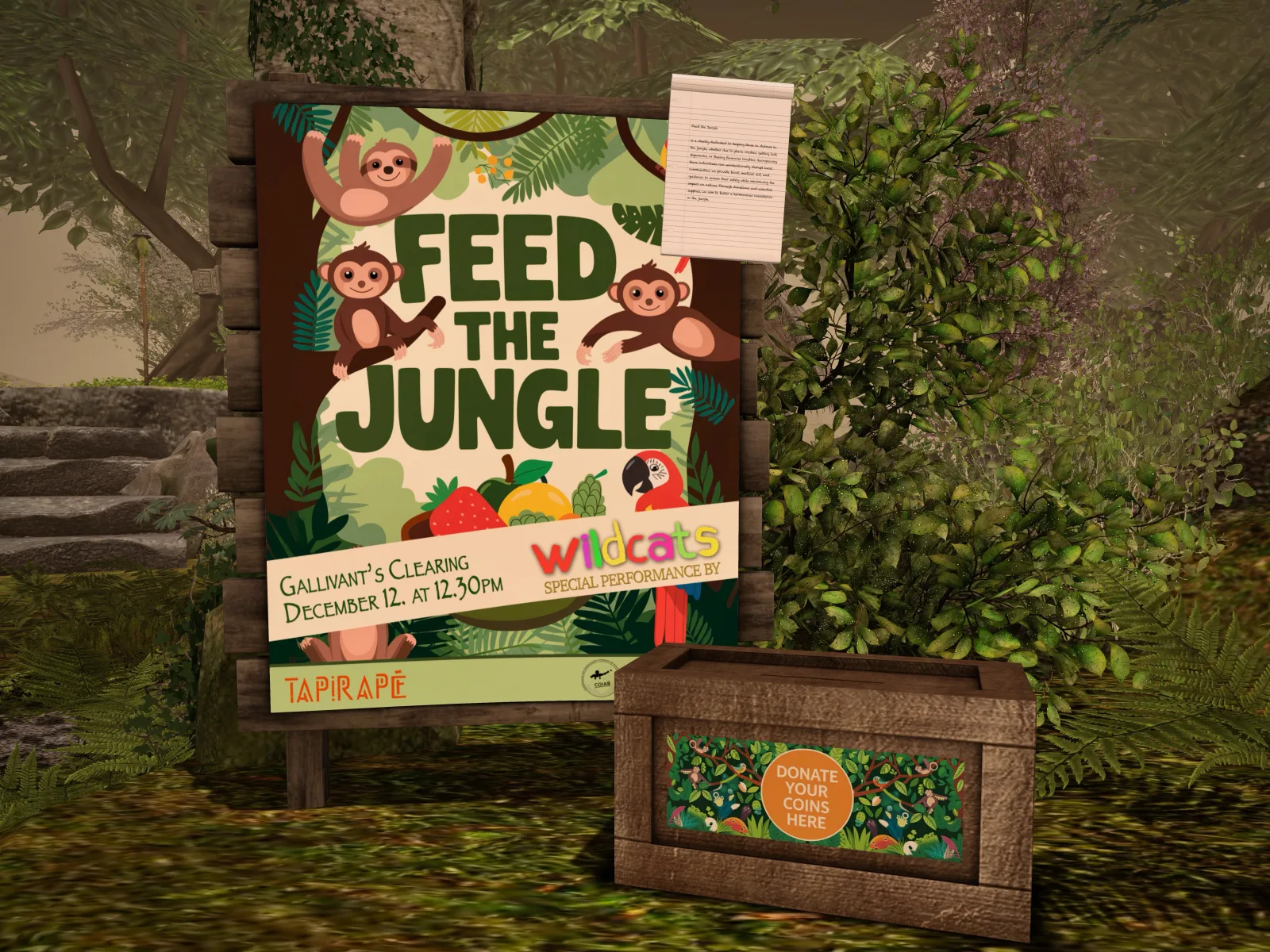 A vibrant sign titled "Feed the Jungle" surrounded by nature, with a donation box in front and playful animal illustrations.