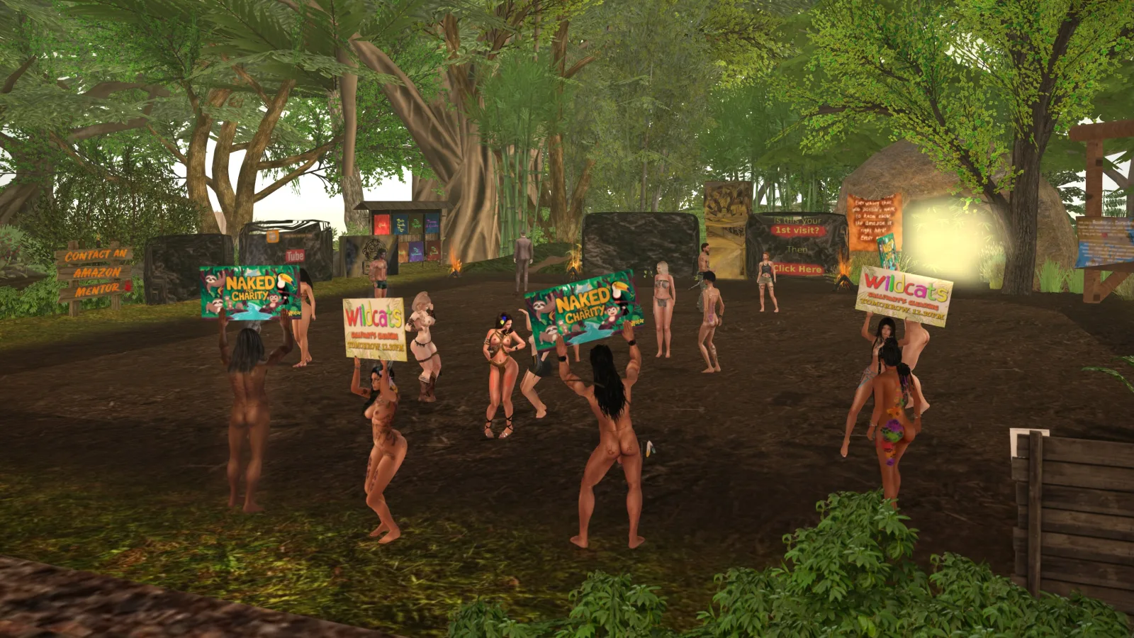 People gather in a lush jungle holding vibrant signs for a charity event
