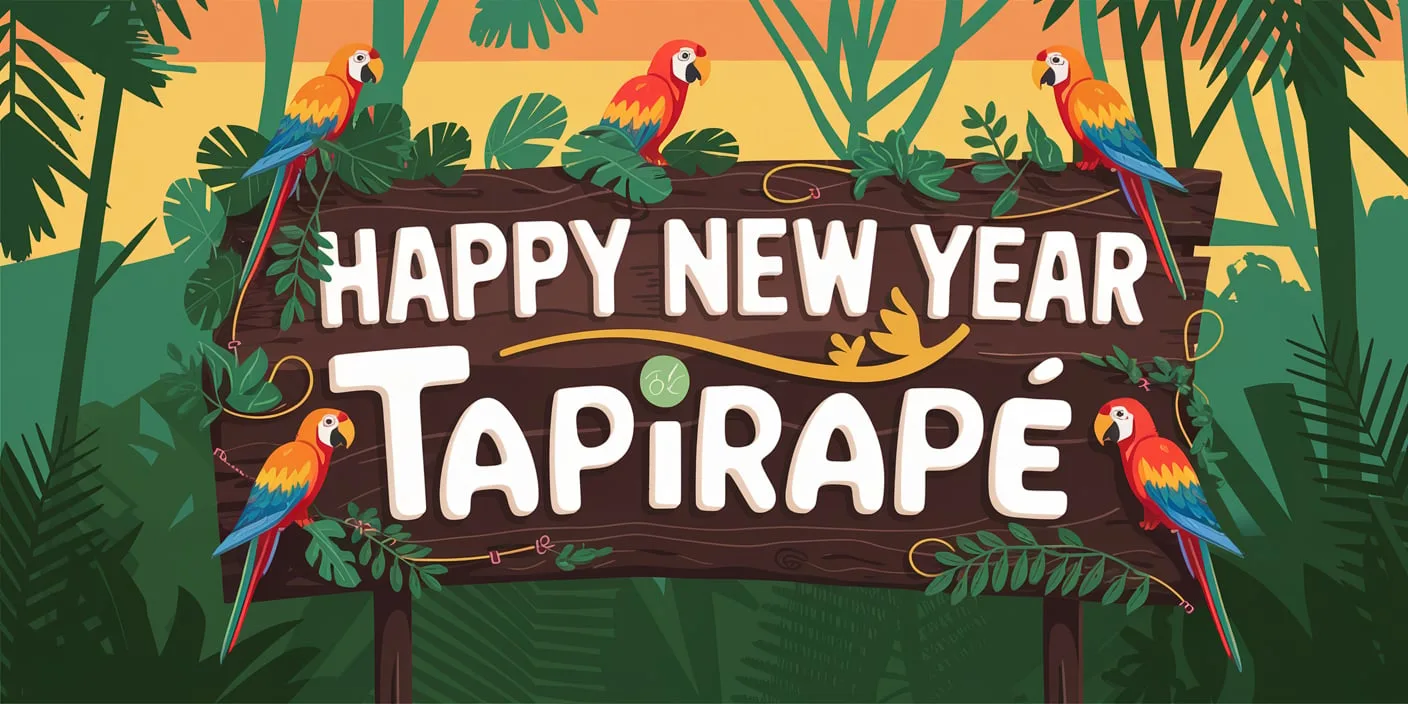 Colorful parrots around festive New Year sign amidst lush jungle