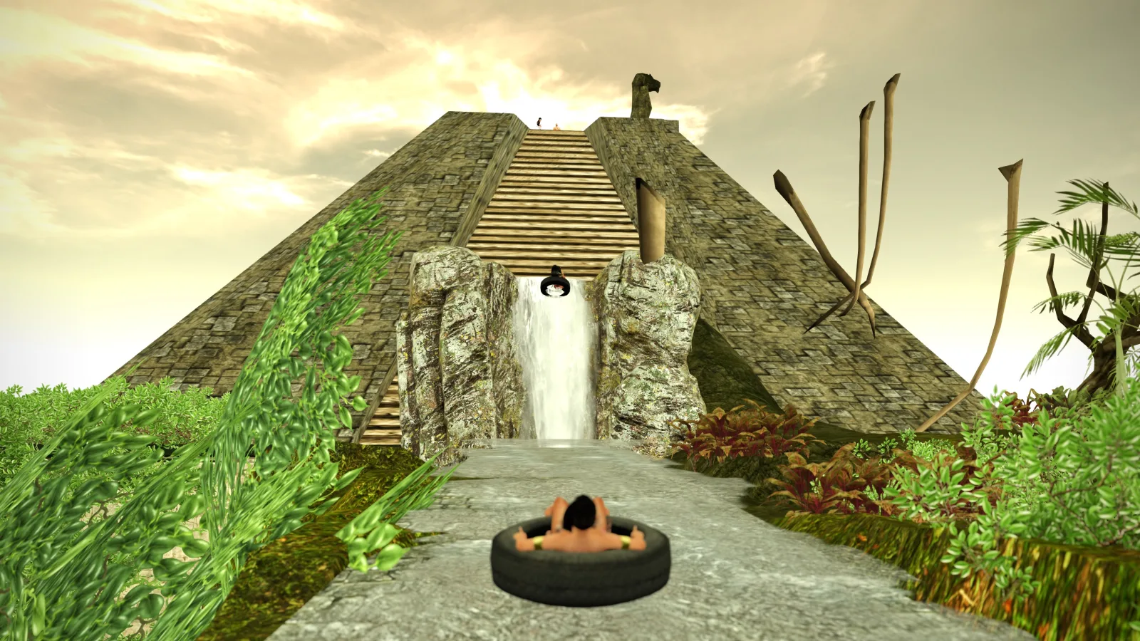 Adventurer tubing down waterfall, set against ancient stone pyramid and lush jungle