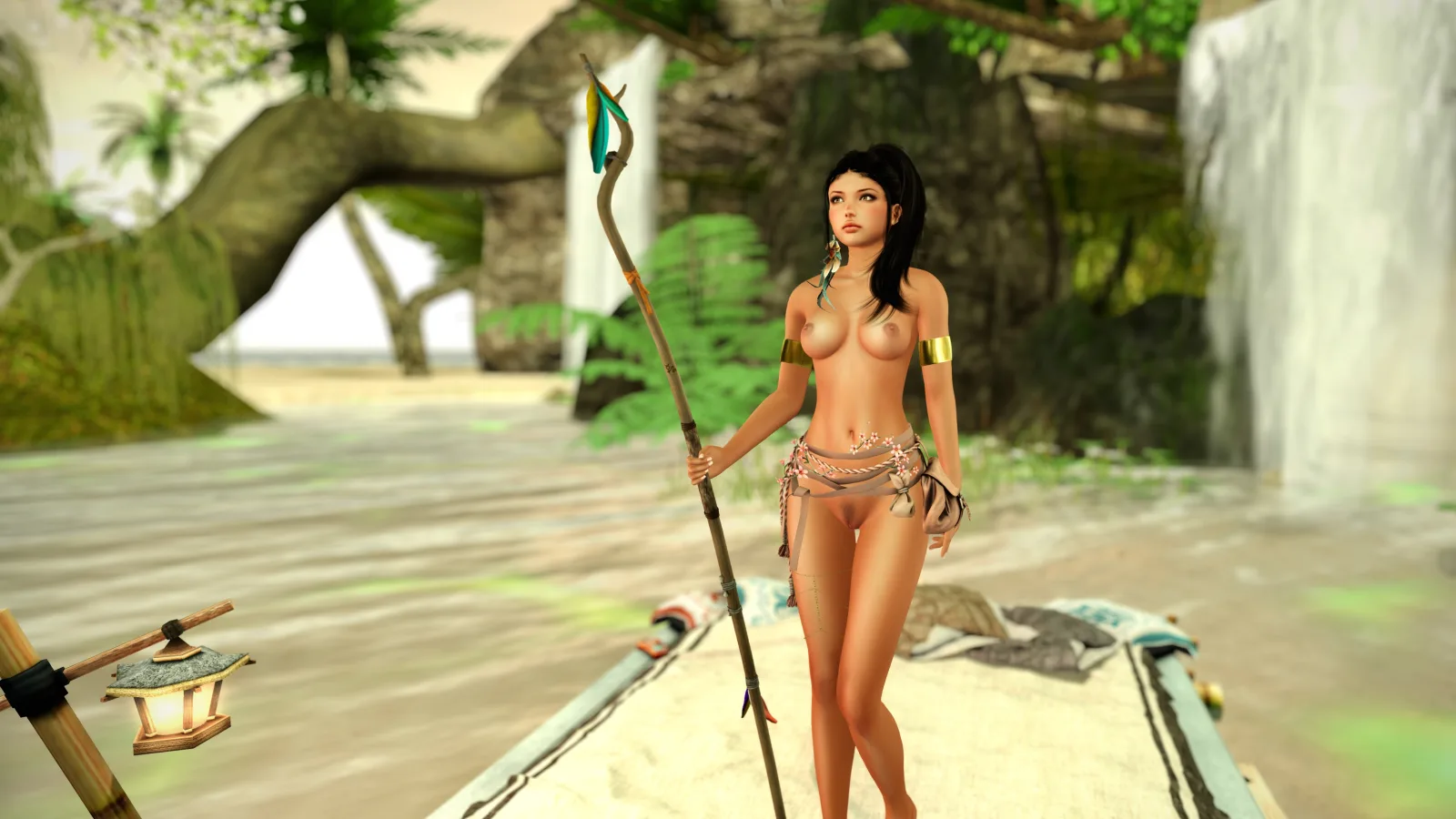 A beautiful shaman stands by a river holding a staff, surrounded by lush greenery and a waterfall in the background.