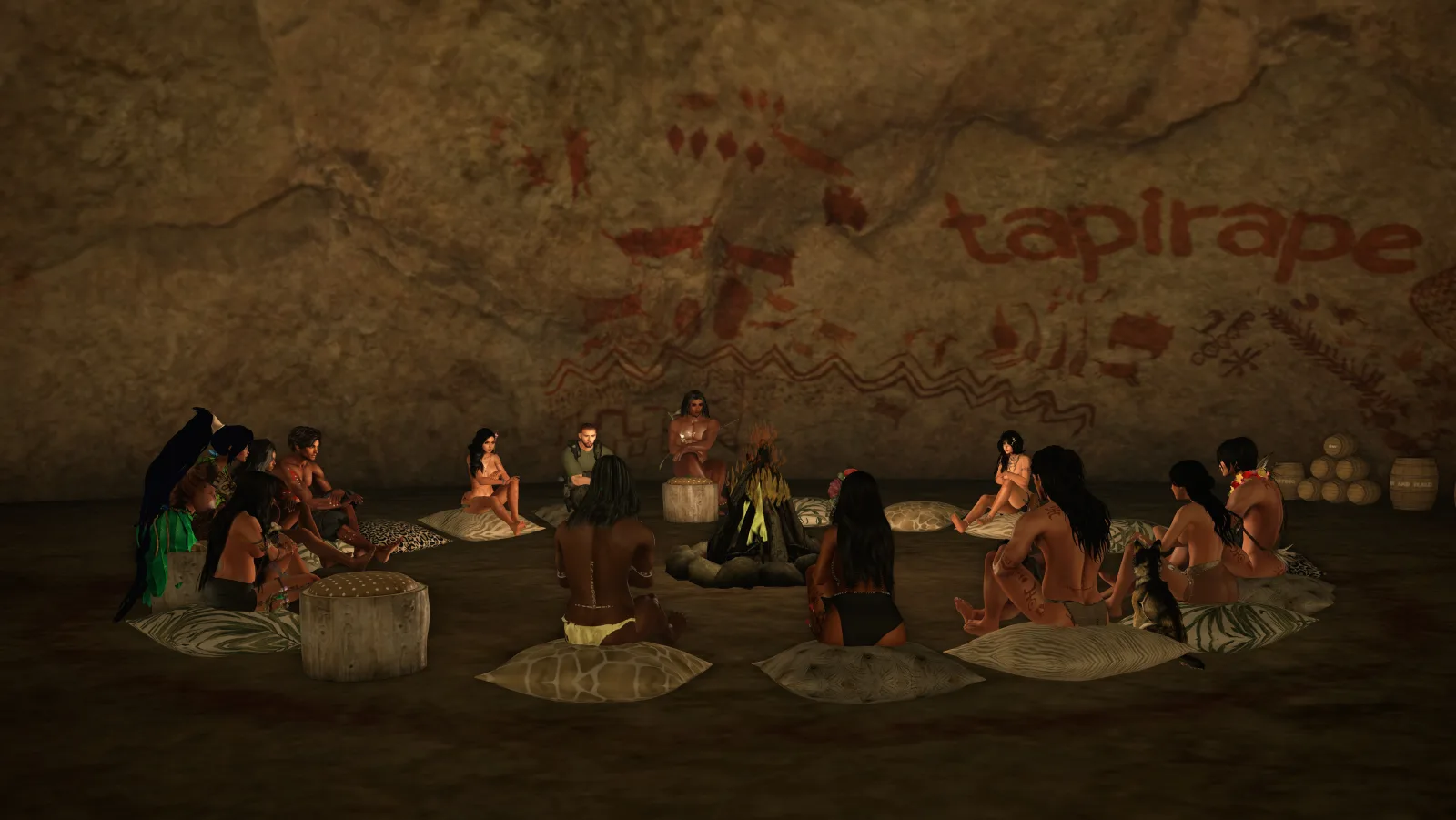 Circle gathering by fire in cave, surrounded by ancient rock art and cultural symbols