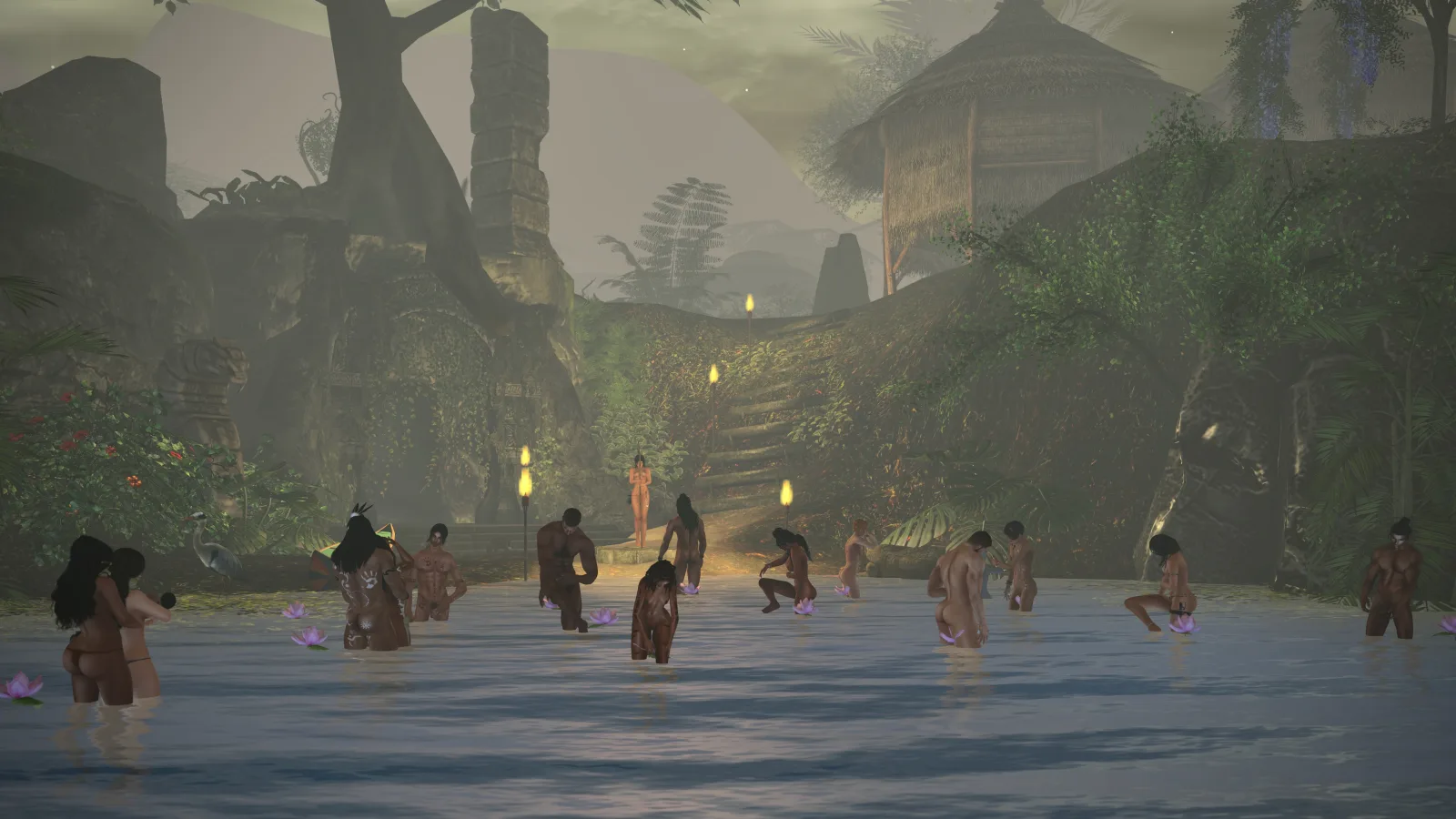 Evening ritual in river, surrounded by torches, lush greenery, and ancient stone carvings