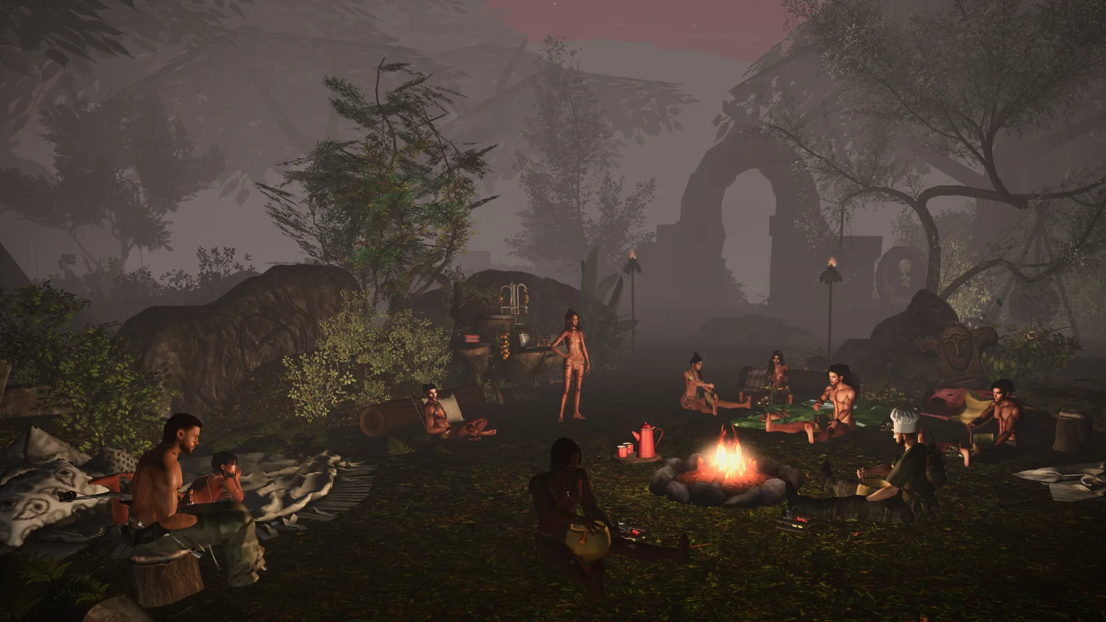 Mystical night gathering around campfire, enveloped in dense jungle and ancient ruins