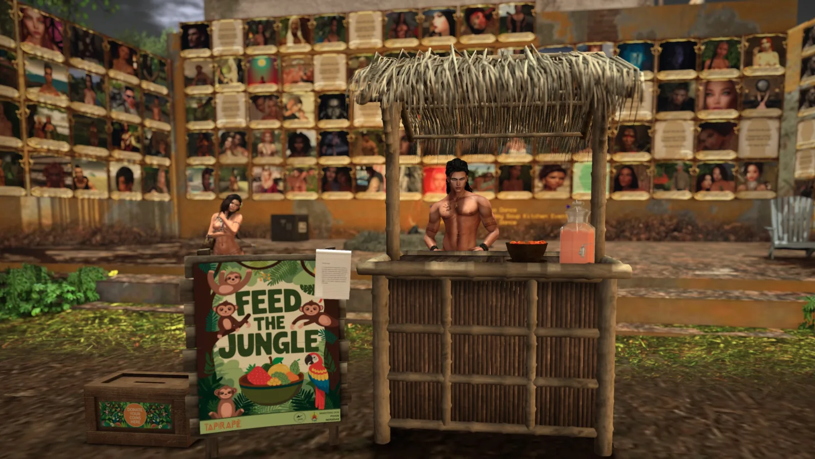 Bamboo stall in vibrant marketplace, promoting 'Feed the Jungle' with colorful murals in the background