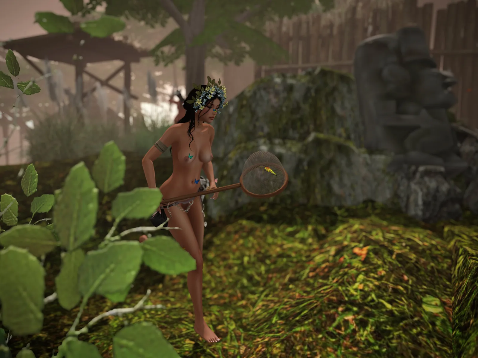 nude shaman chases butterfly beside ancient stone statue in lush greenery