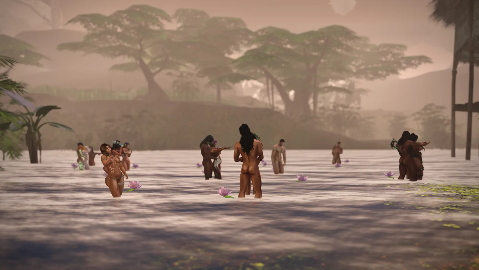 Serene river gathering, draped in mist with blooming lotus flowers and towering trees.