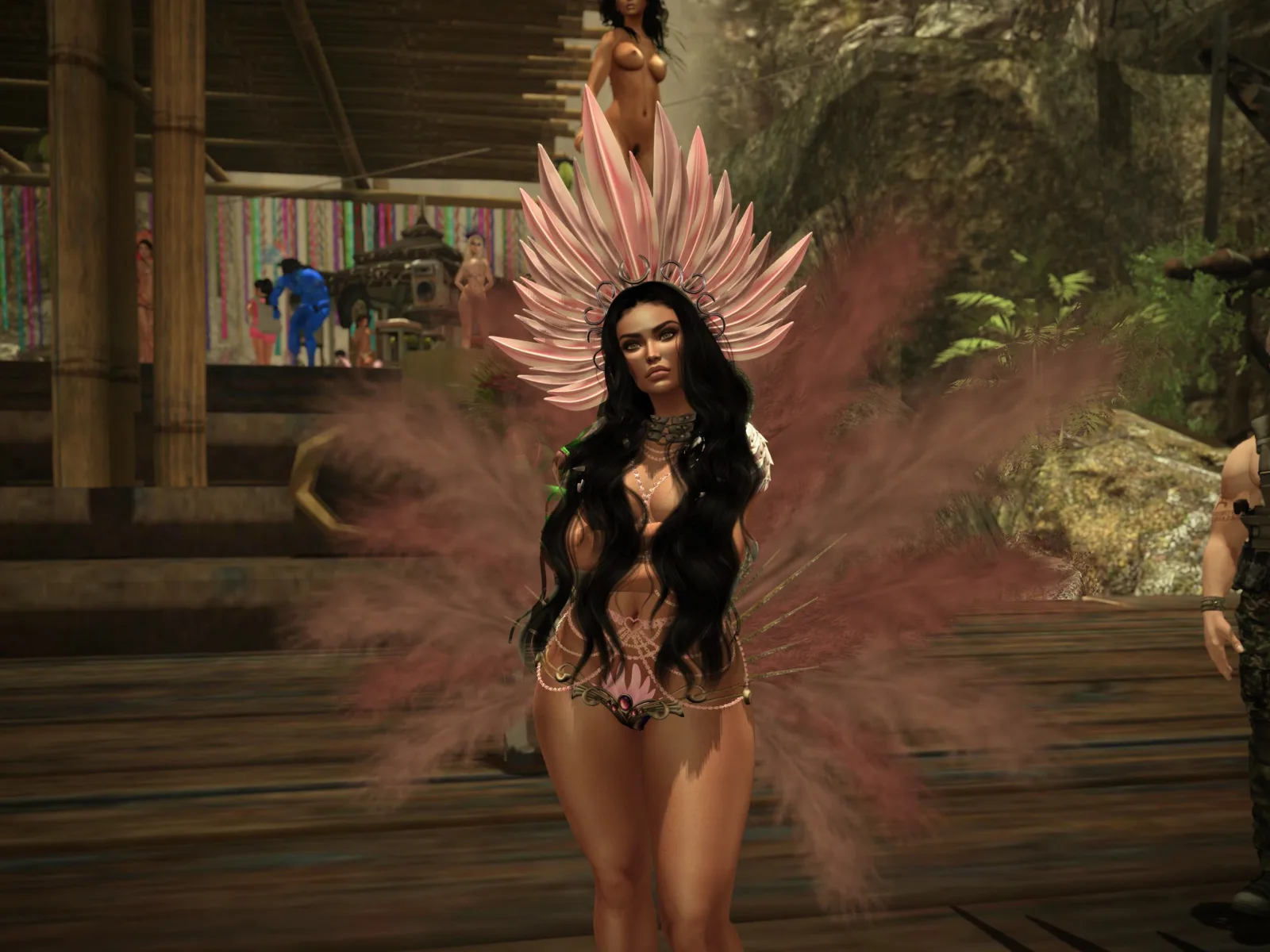 Elegant figure adorned with plumage and headdress, standing in vibrant festive setting