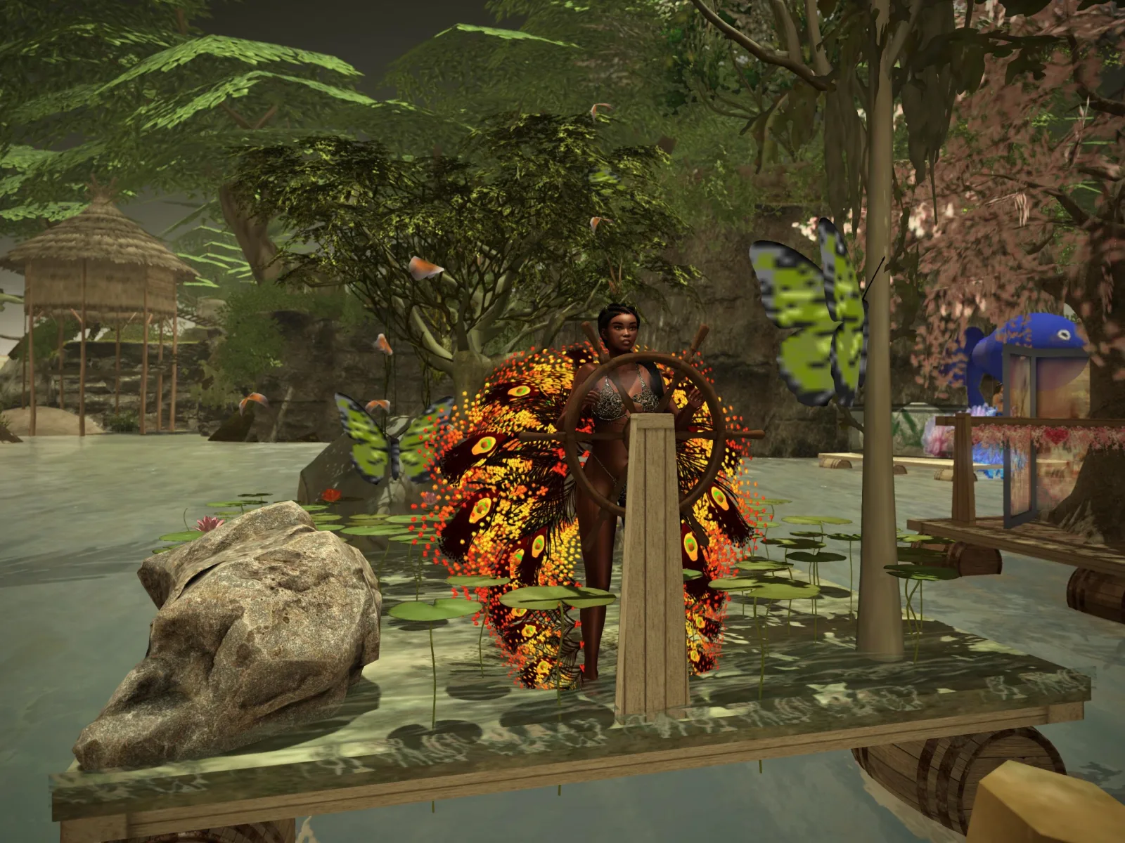 Guardian of nature stands on dock, vibrant wings unfurled, in serene forest glade