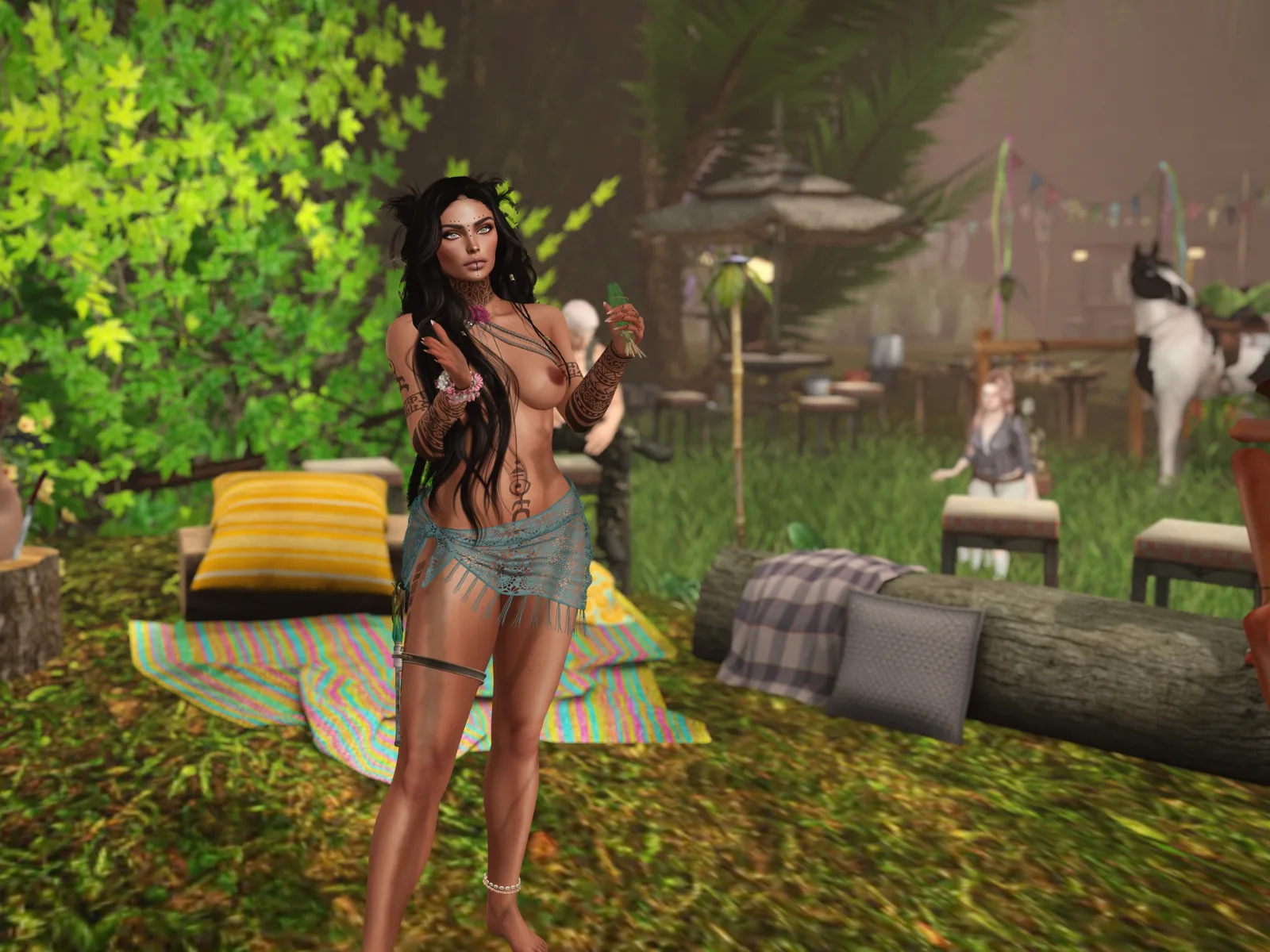 Topless native woman stands in jungle camp with arm beads and face markings
