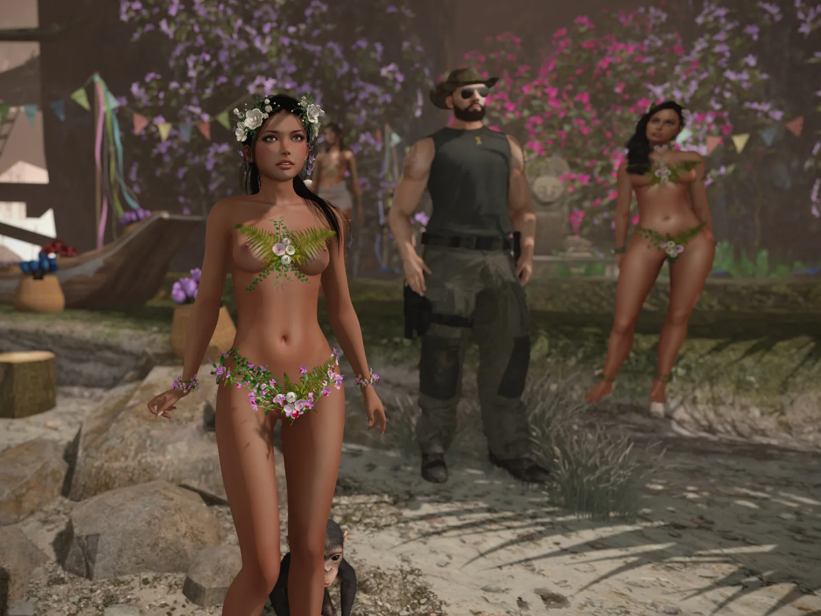 Native women in floral costumes stand with villager under flowering trees in the jungle camp