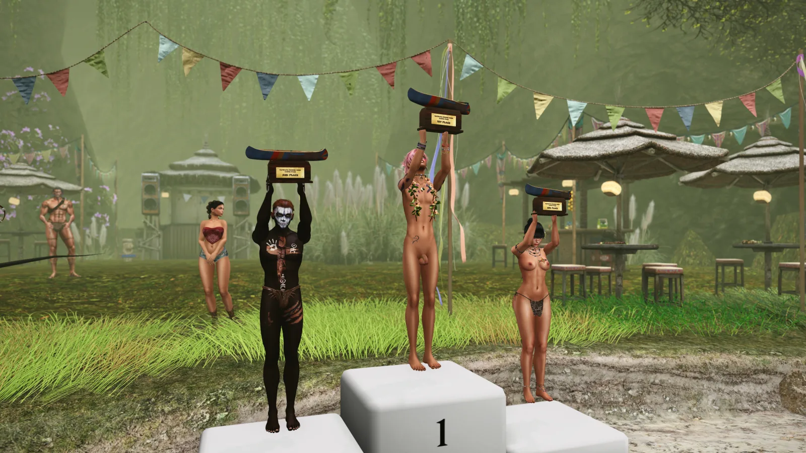 Winner holds a trophy on the podium amid flags at the jungle festival