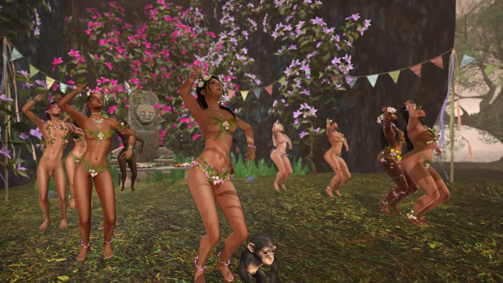 Dancers wearing flower costumes performing in a lush garden setting, surrounded by vibrant pink and purple flowers.