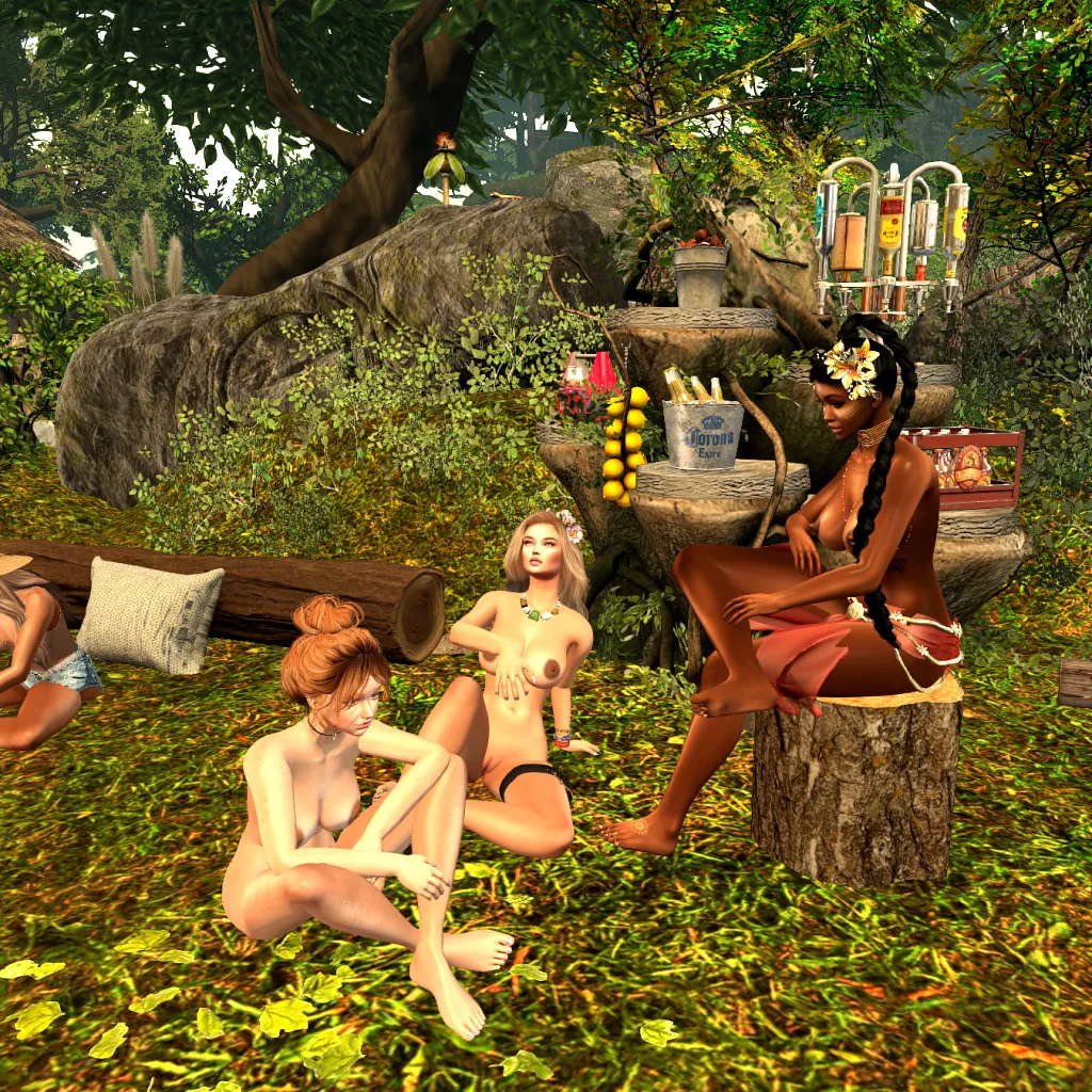 Topless native women gather on the forest floor near a display of fruits and drinks
