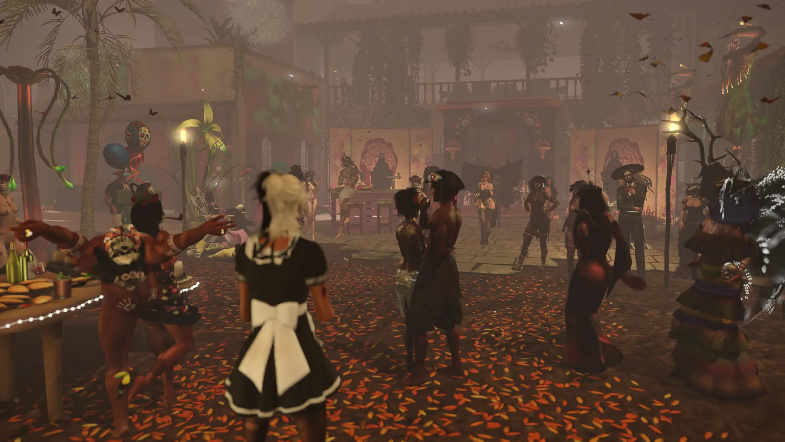 Dancers in tribal attire celebrate under lanterns in the jungle camp
