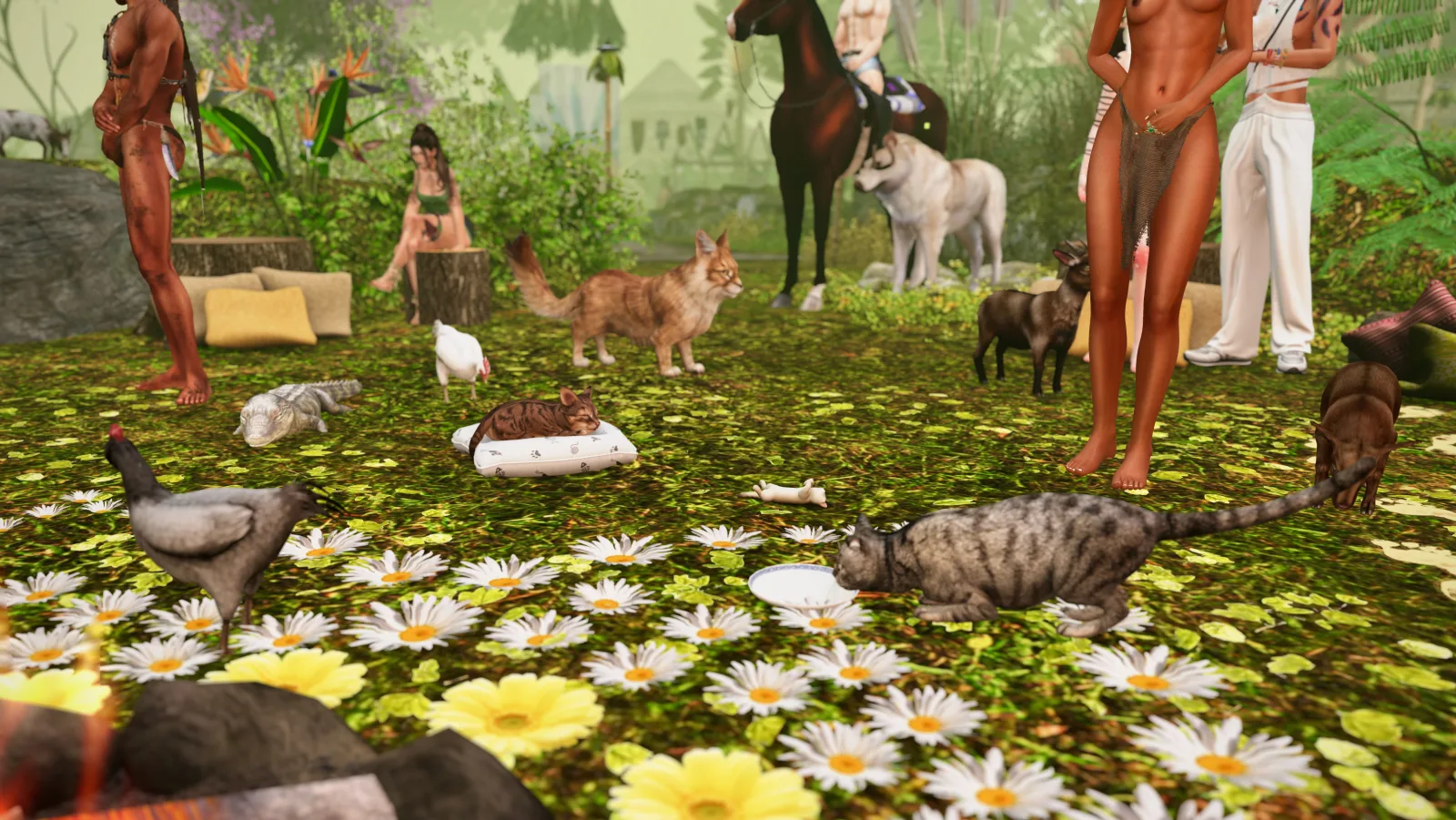 Topless native woman stands among animals and flowers in the jungle camp