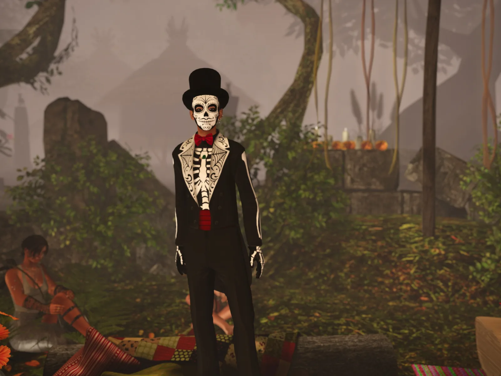 Person in skeleton suit and top hat stands in the jungle camp with mist and huts
