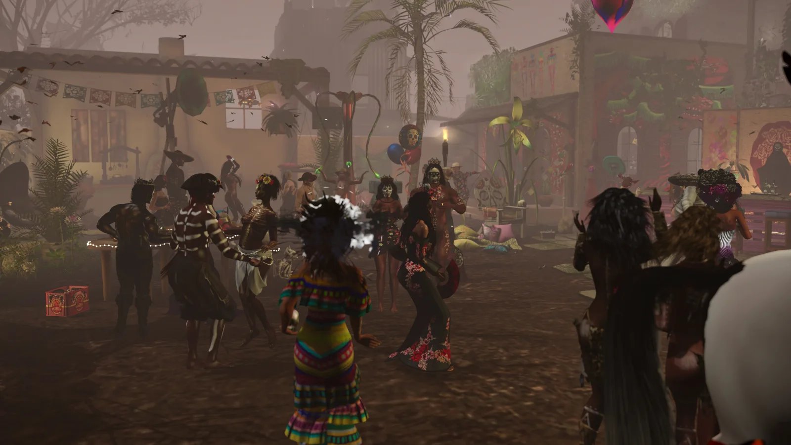 Villagers in vibrant attire dance and interact in a festive jungle camp