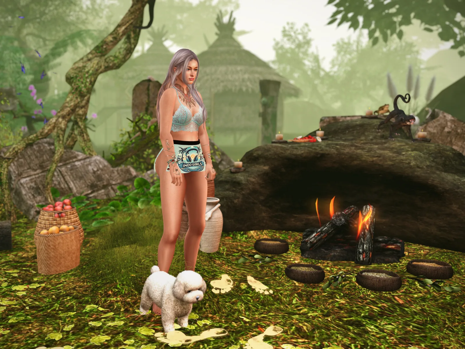 Native woman in a wrap stands beside a firepit with a small dog in the jungle camp