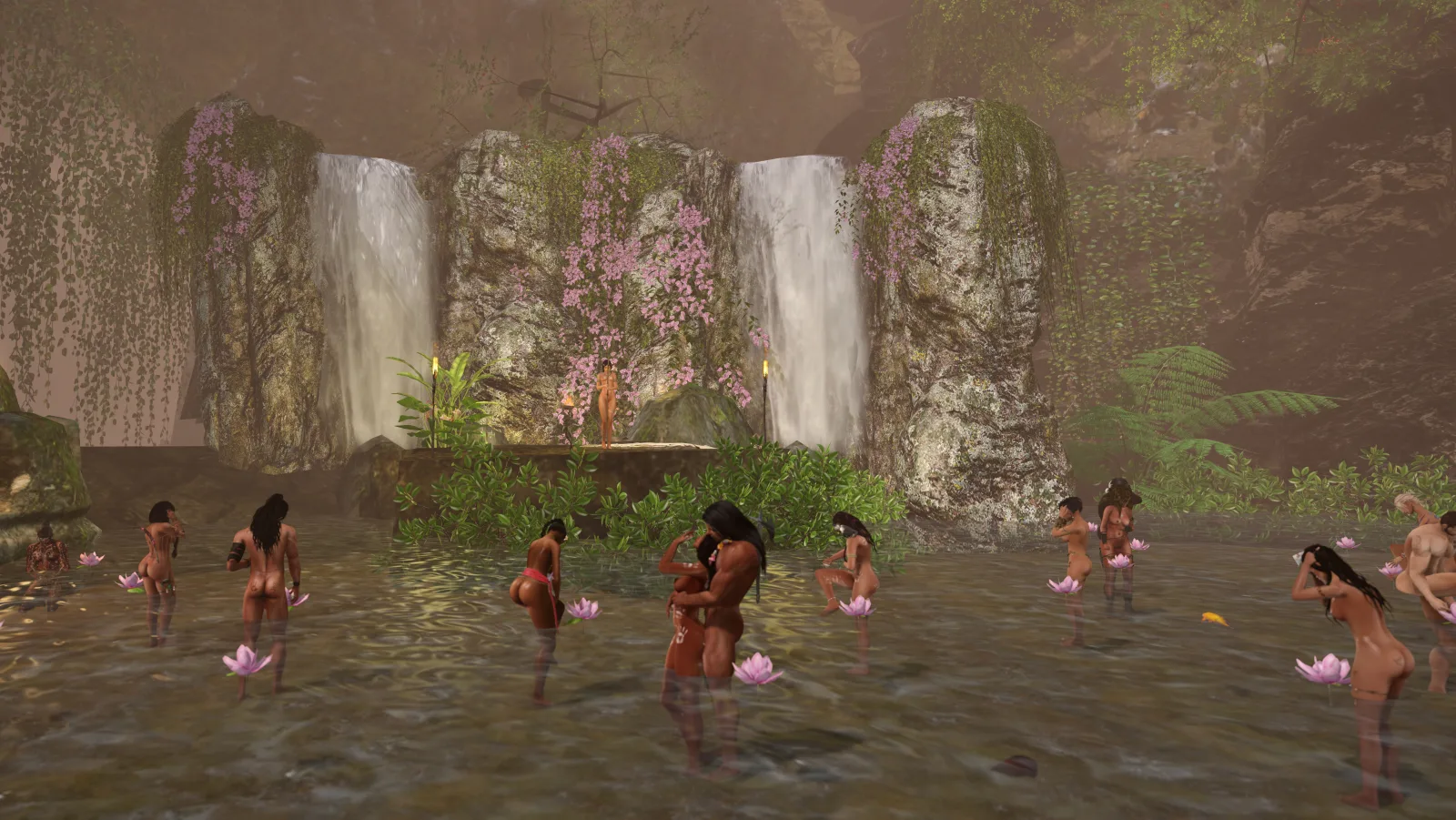 Unclothed tribespeople gather around a waterfall surrounded by lush jungle flora