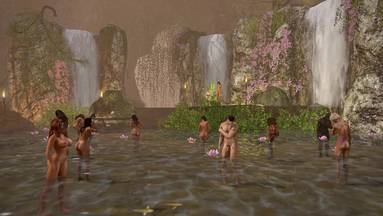 Unclothed villagers wade through a lotus-filled stream beneath twin waterfalls in the jungle clearing