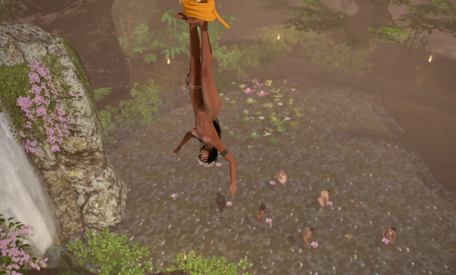 Unclothed native woman suspended upside down by a waterfall while others bathe in the river below
