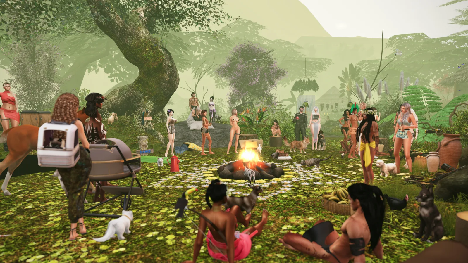 Gathering of villagers and animals around a campfire in the jungle clearing