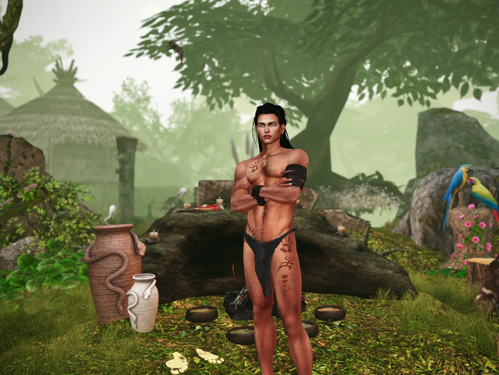 Shirtless villager stands with crossed arms in a jungle camp surrounded by pottery and trees