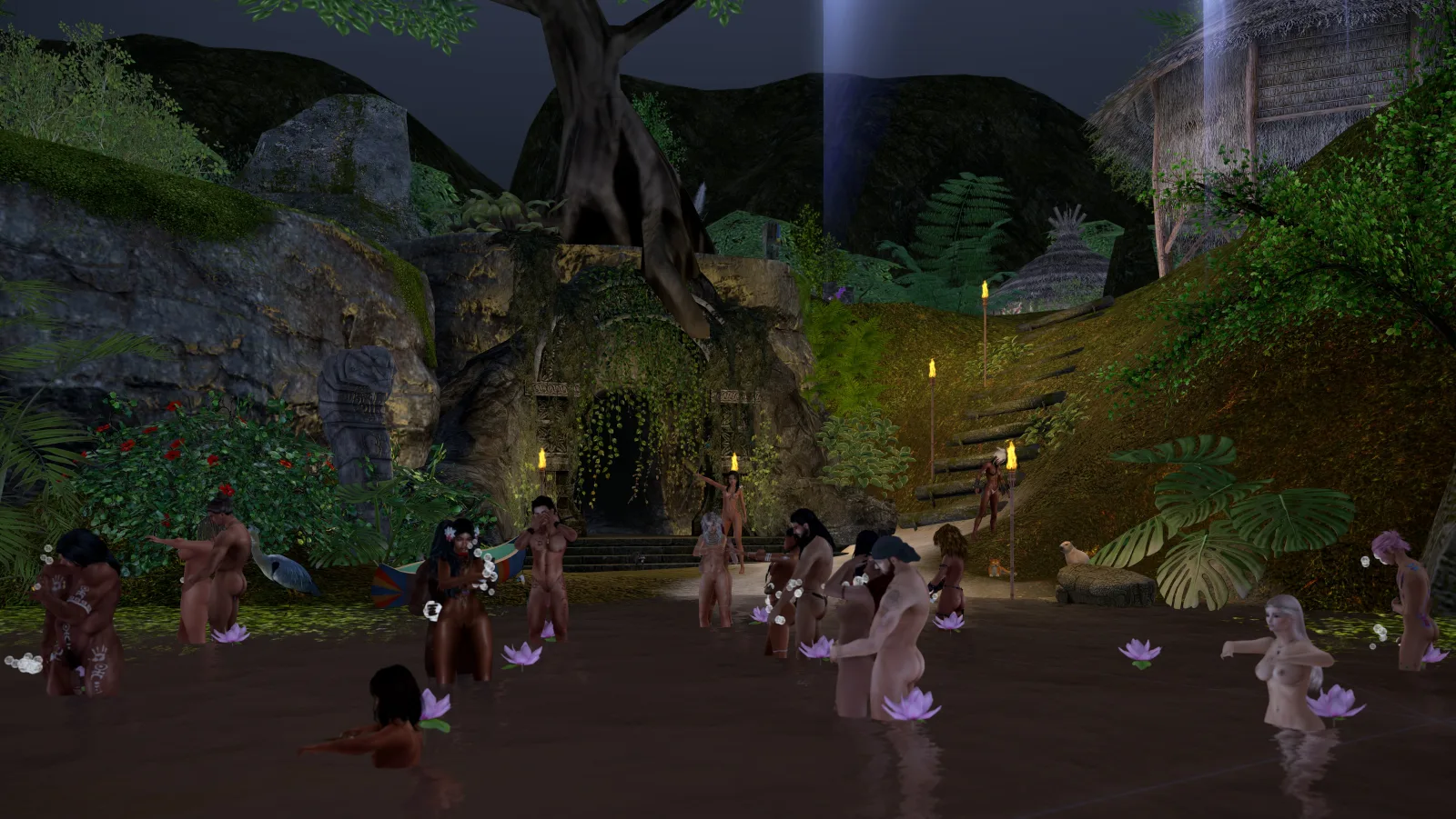 Unclothed villagers gather in a serene pond, surrounded by lush jungle and torchlight paths