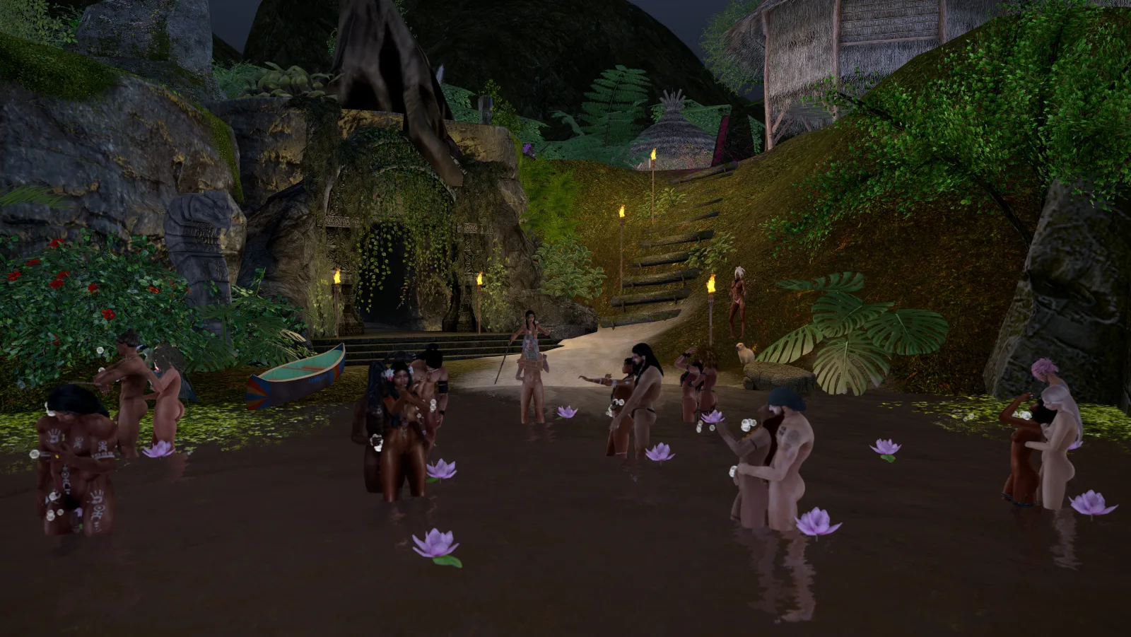 Villagers gather in the riverbank at night surrounded by lotus flowers and torches