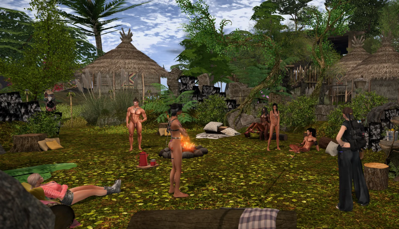 Scout with backpack observes an unclothed native ritual around a campfire in the jungle clearing