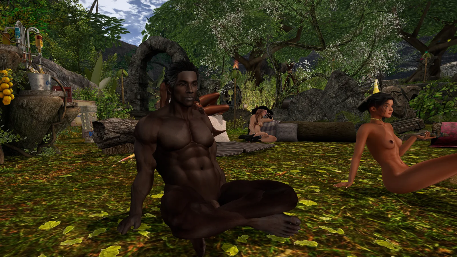 Shirtless villager sits calmly on the leafy ground amid jungle camp activities