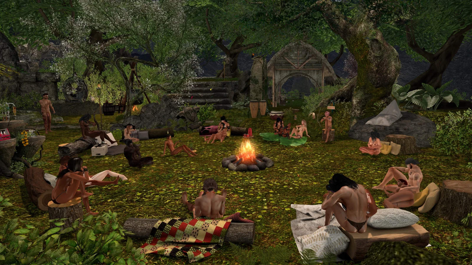 Villagers gather around a campfire in the jungle clearing