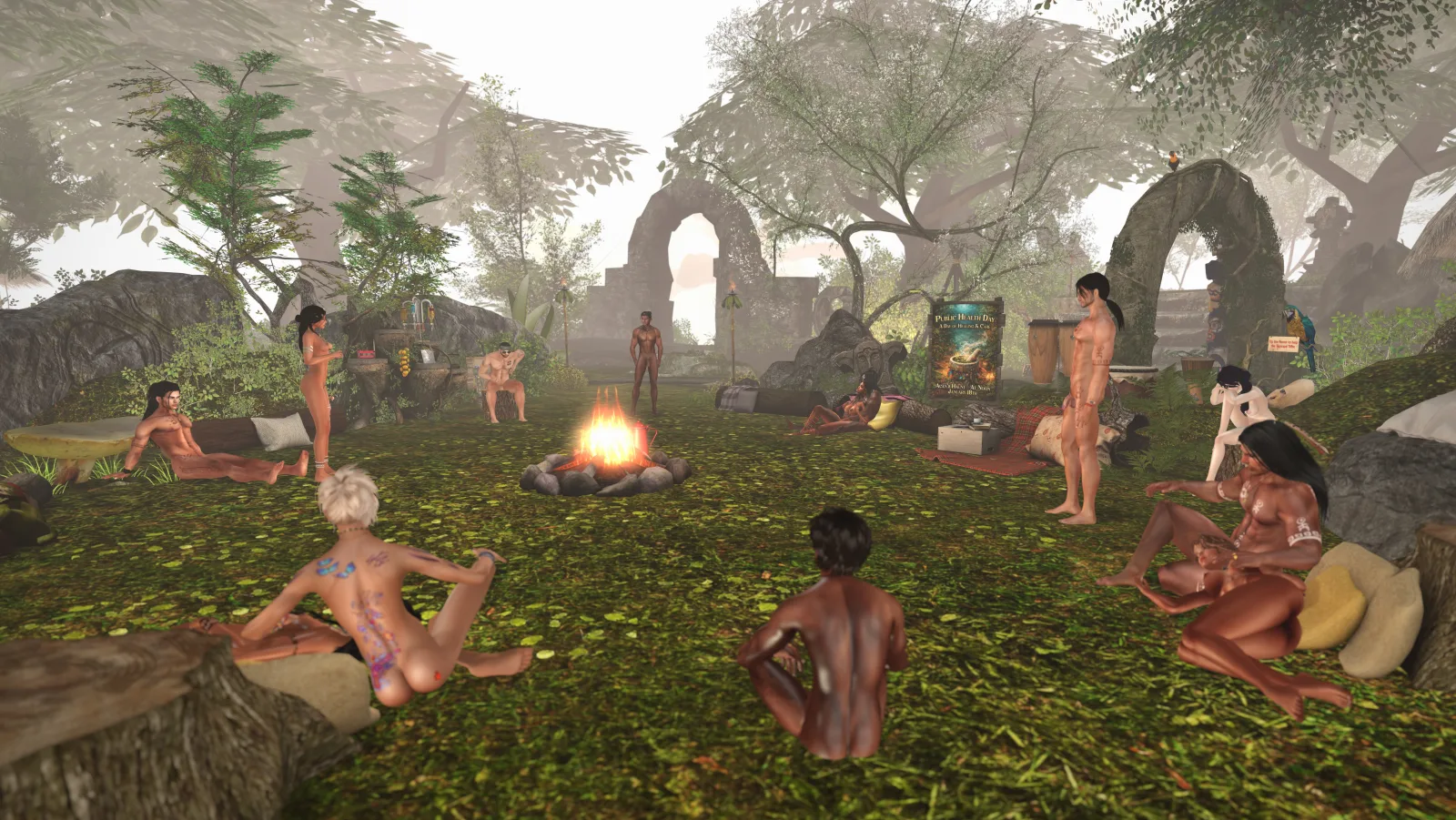 Unclothed villagers gather around a fire in the jungle clearing, preparing for a communal event