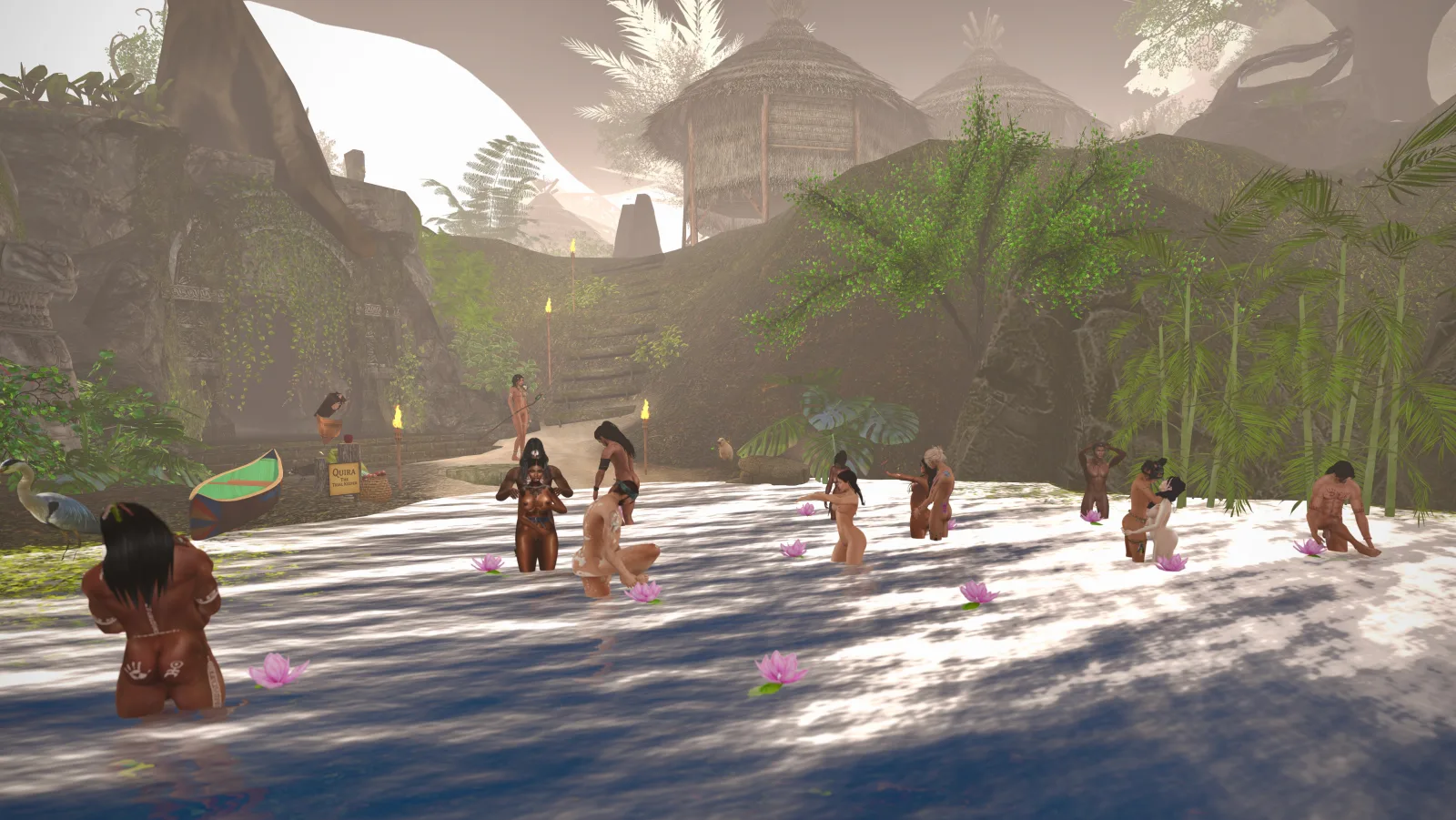 Unclothed villagers gather lotus flowers in the river near jungle huts