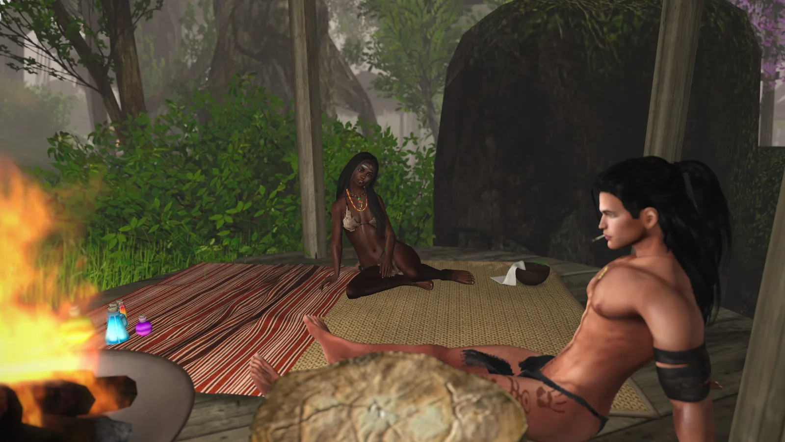 Native woman with necklaces and shirtless villager relax in a hut in the jungle camp
