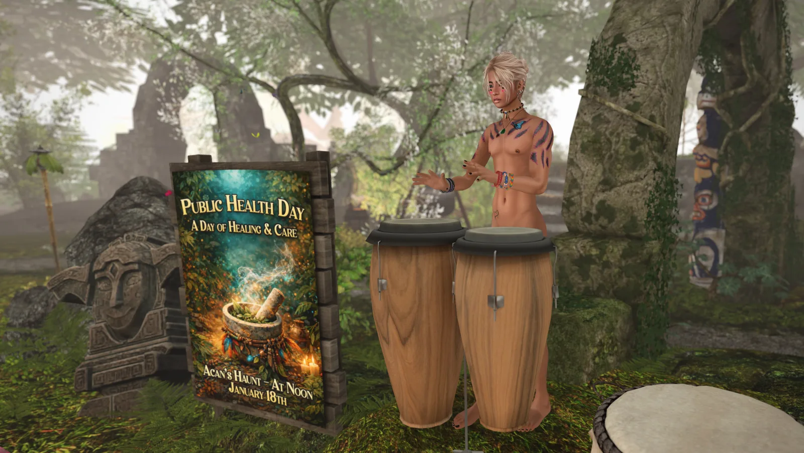 Shirtless drummer plays congas near a health day sign in the jungle clearing