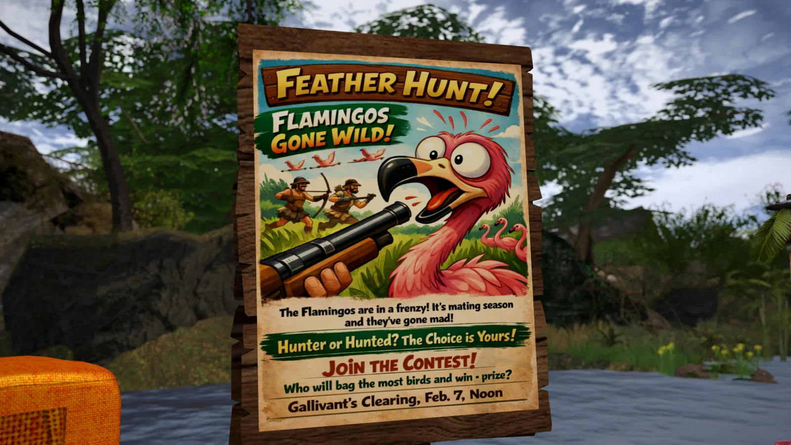 Wooden poster shows cartoon flamingo and hunters and advertises a Feather Hunt contest at the riverbank camp