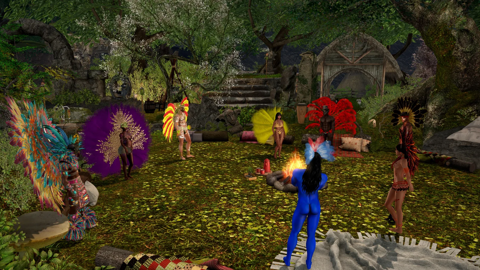 Dancers in colorful feathered costumes circle a campfire in the jungle clearing
