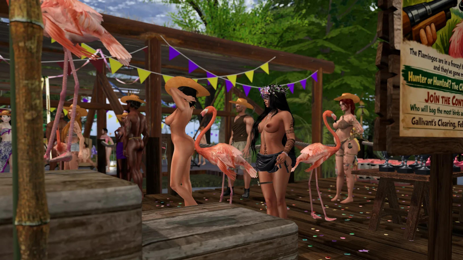 Native woman topless touches a flamingo on the wooden platform at the jungle camp