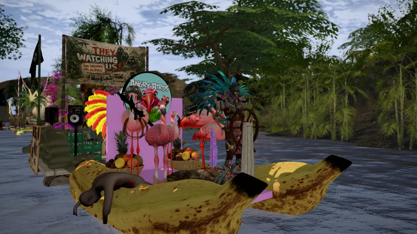 Unclothed person lies on a giant banana while a dancer in feathered headdress steers a wheel on a floating raft at riverbank