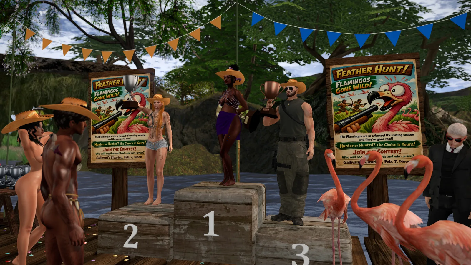 Native woman topless stands on the first-place podium holding a trophy at the riverbank